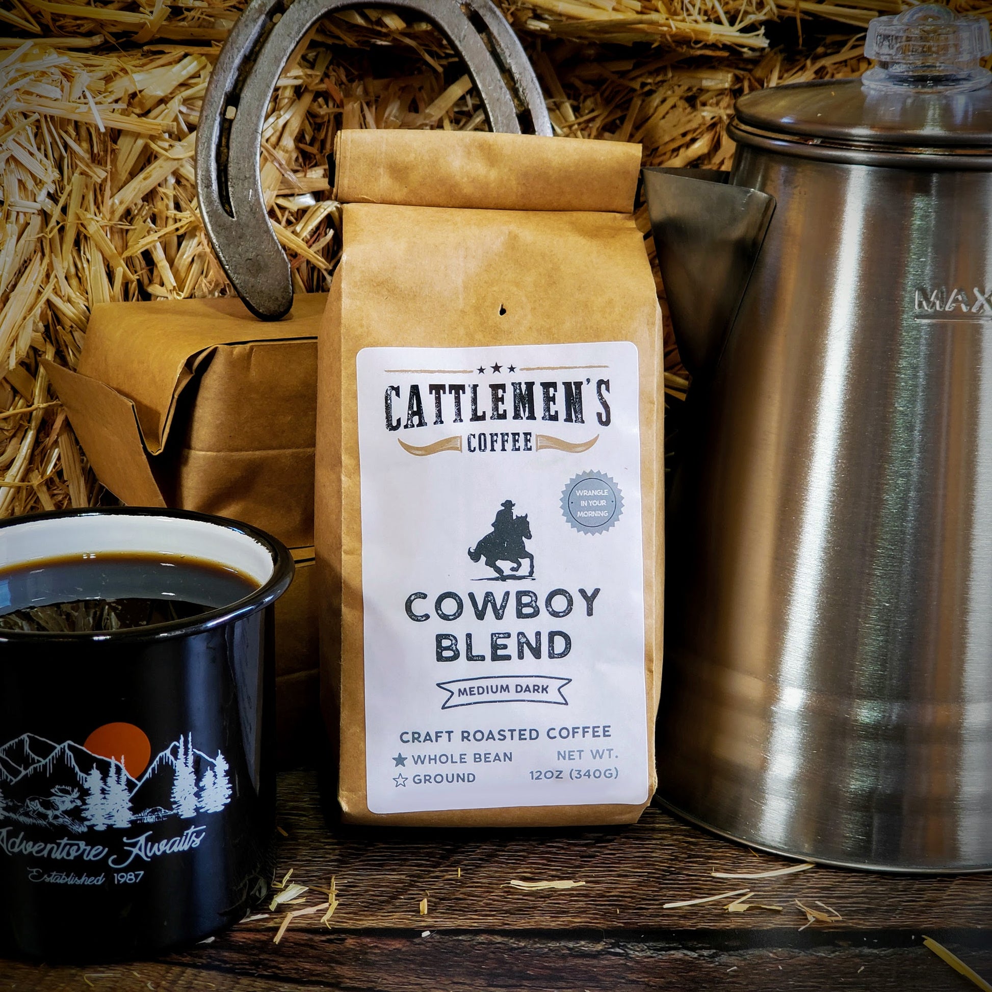 Cowboy Coffee with mug and percolator